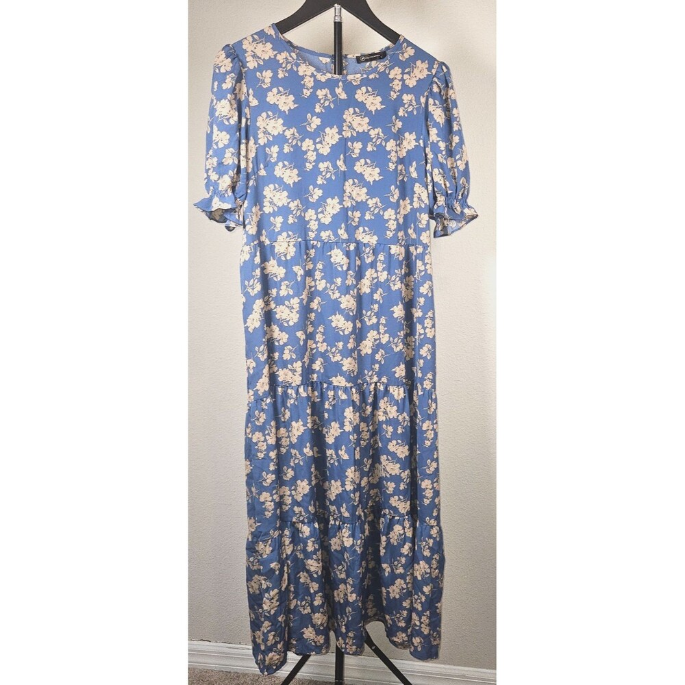 Prettygarden Womens Small Blue Floral Maxi Dress Cottagecore Boho Puff Sleeve